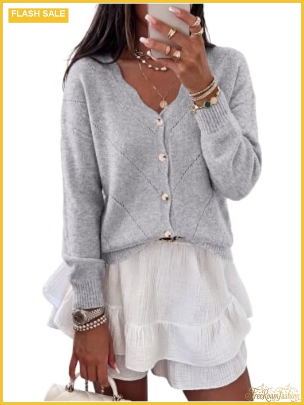 Oversized Scalloped V-Neck Cardigan Sweater Pointelle Button Down